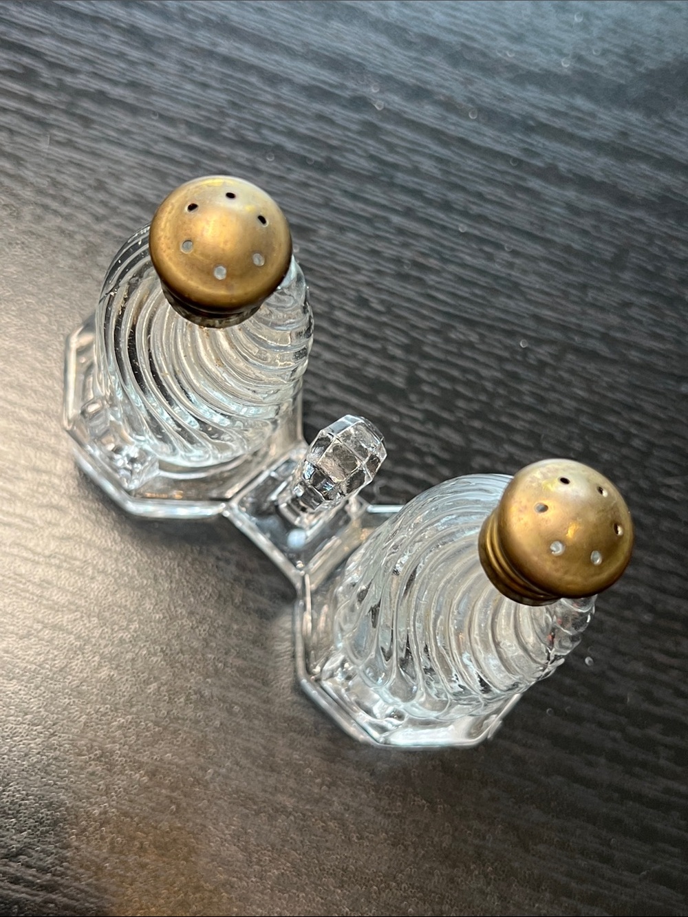 Vintage Clear Glass Salt and Pepper Shakers with Glass Tray Caddy - Picture 3 of 10